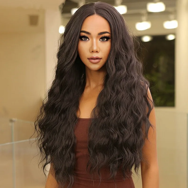 

Women's black long rolled synthetic wig from Europe and America, full head cover, African medium to small rolled long hair cover