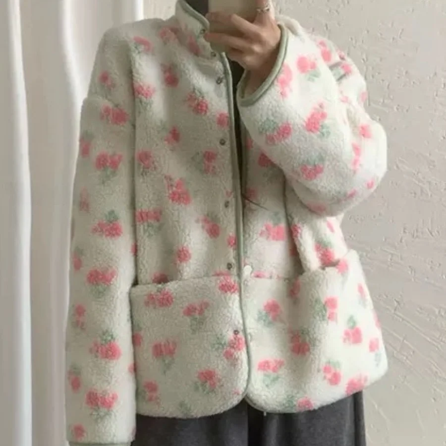 سترة نسائية أنيقة للخريف والشتاء بطباعة زهور، قميص مخملي، جاكيت حلو ورقيق وأنيق متعدد الاستخدامات يمكن ارتداؤه على الوجهين