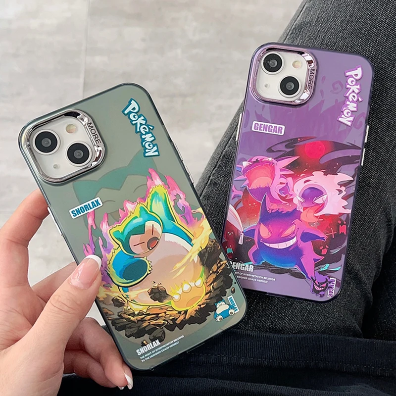 Pokemon Gengar Phone Case For iPhone 15 14 13 12 11 Pro Max Luxury Cartoon Snorlax Plating Lens Art Shockproof Lens Back Cover