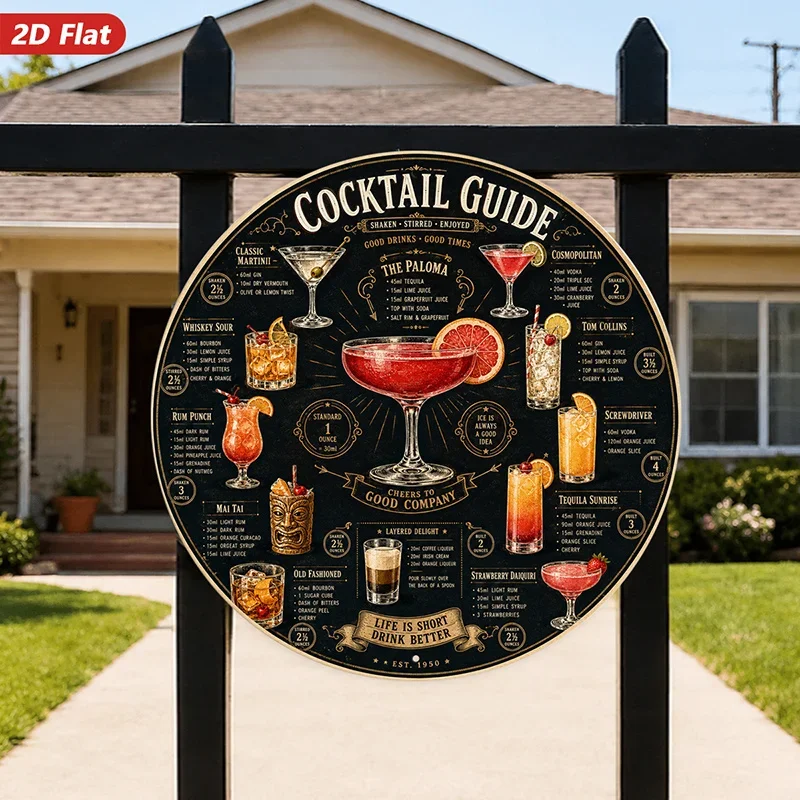 CIFBUY Modern 2D Flat Round Aluminum Wall Art Waterproof Durable Cocktail Guide Bar Kitchen Living Room Indoor Outdoor Decor