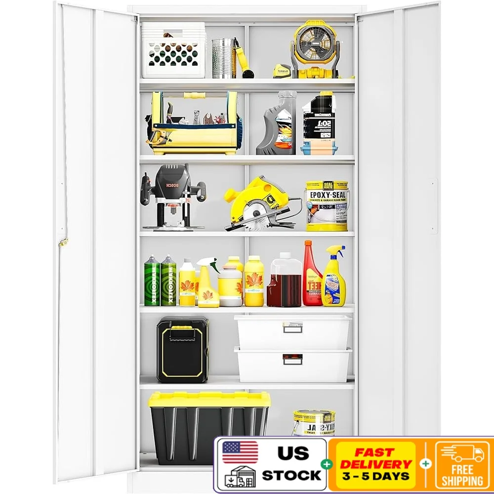 

Metal Garage Storage Cabinet Lockable Doors 5 Adjustable Shelves Tool Organizer Heavy Duty Steel Durable Home Office Storage