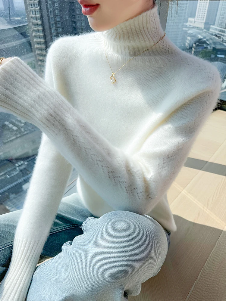 

Autumn Winter Sweater Women Pullover 100%Merino Wool Sweater High Collar Clothes Knit Warm Inside Join Hollow Out Raglan Sleeves