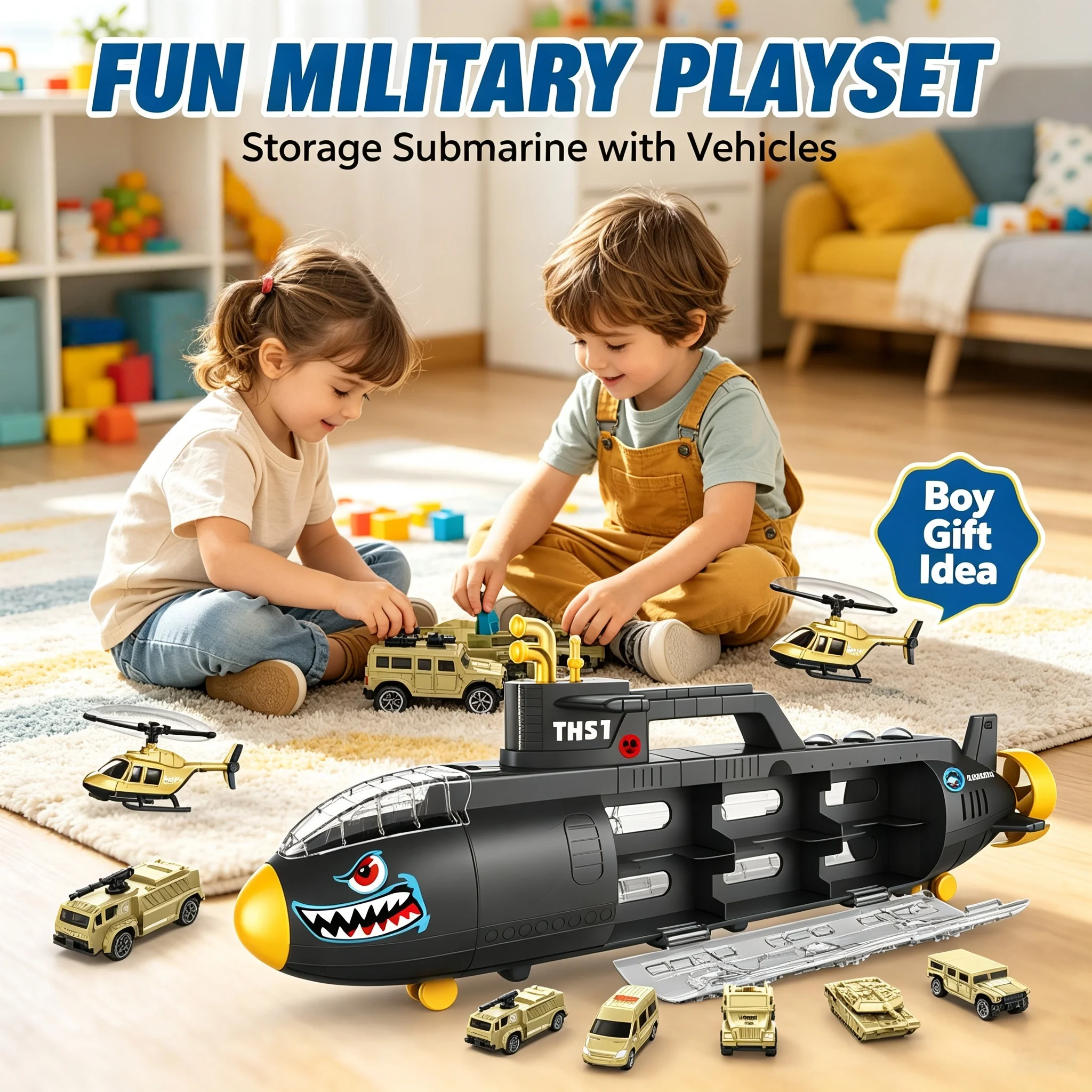 Large Shark Submarine Storage Model with Openable Hatch and Rotatable Propeller, Military Vehicle Combination Toy
