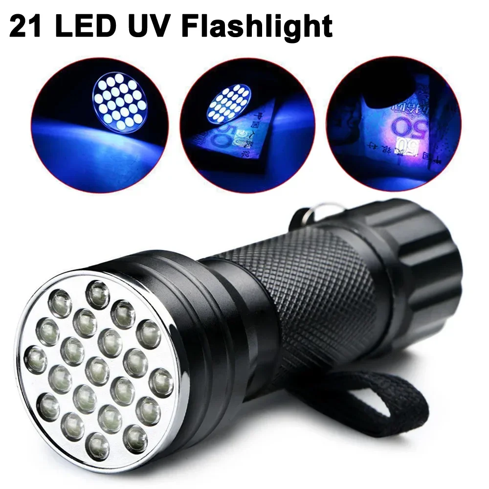 Portable 21 LED UV Flashlight 395NM Mini Ultraviolet Lamp Ultra Bright for Cash Check Pet Urine Stains Fluorescent Agent