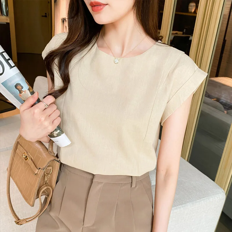 Summer Korean Version Cotton Linen O-neck Sleeveless Blouse Women Clothing Elegant Chic Slim Solid Shirts Sweet Pullovers