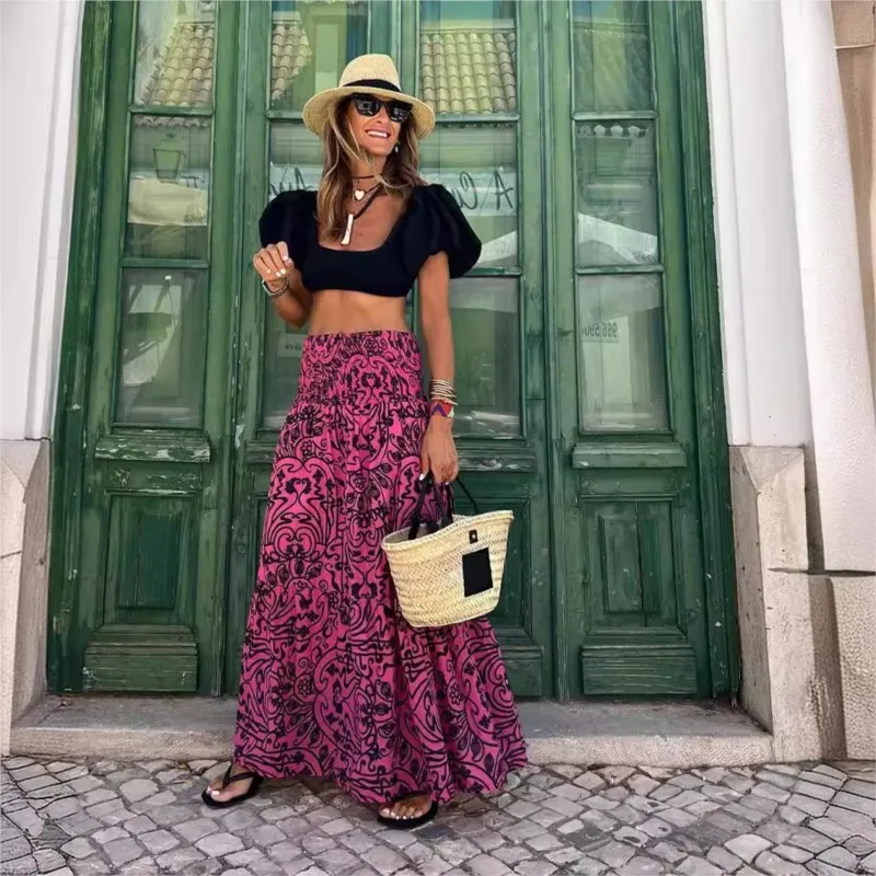 

Women's temperament, elastic waist, large swing skirt, long skirt, 2025 summer new beach vacation casual printed skirt