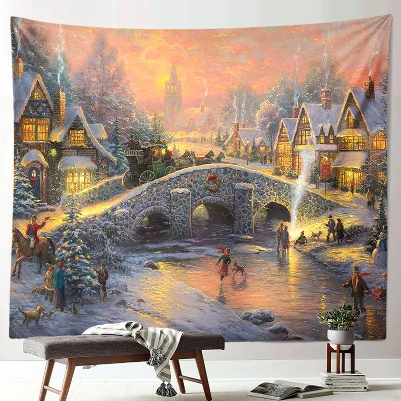 VIKAMA Snowy Town Village Bridge Dusk Tapestry, HD Print Wall Hanging for Living Room Cozy Holiday Home Decor