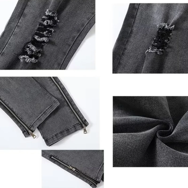 Jeans vintage reto minimalista masculino, cor pura, branqueada, buraco rasgado, retrô, chique, estilo coreano, streetwear elegante, primavera, outono