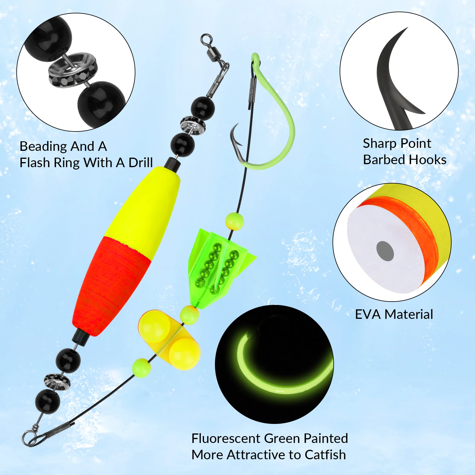 

5pcs Catfish Float Rigs #6/0 #8/0 #10/0 Stainless Steel Circle Hook Fishing Bobbers Catfishing Floats Catfish Rattling Line Kit