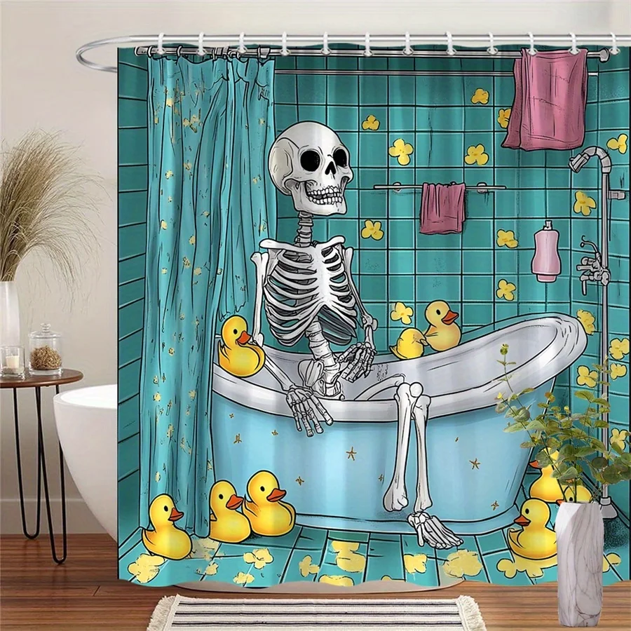 whimsical digital art shower curtain featuring skeleton and yellow rubber ducks quirky bathroom decor easy to care for