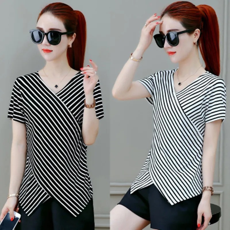 Cross-Border Cross-Border 2023 plus Size T-shirt Korean Style Slimming V-Neckline Striped Short Sleeve Women's Top Summer One Pi