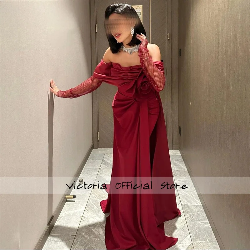 

Вечерние платья с открытыми плечами и 3D цветами по индивидуальному заказу, атласное плиссированное платье для выпускного вечера с длинными рукавами, длиной до пола, вечерние платья