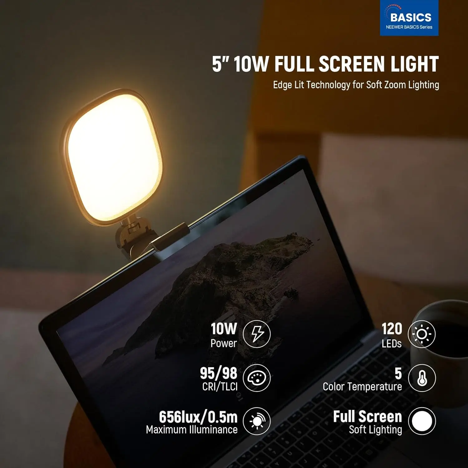 NEEWER Basics شريط إضاءة شاشة 5 بوصات 10 وات مع حامل، لوحة LED USB مضاءة بحافة ثنائية الألوان، CRI95 إضاءة مصباح مكتبي بشاشة كاملة #2