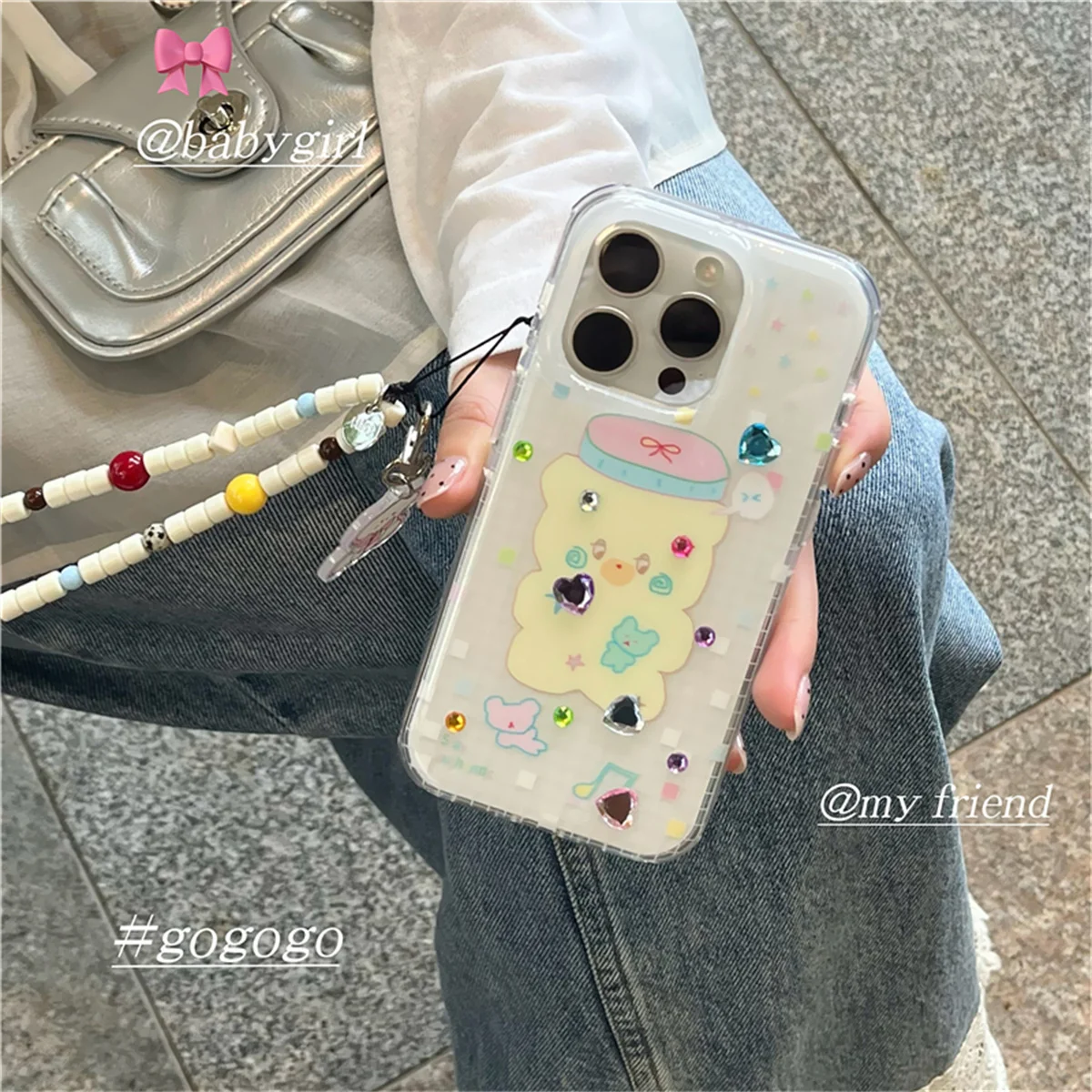 

Fashion Cute Cartoon Phone Case For iPhone 16 Pro 15 14 Pro Max Cover with DIY Diamond Chain Cartoon Cases 15Pro