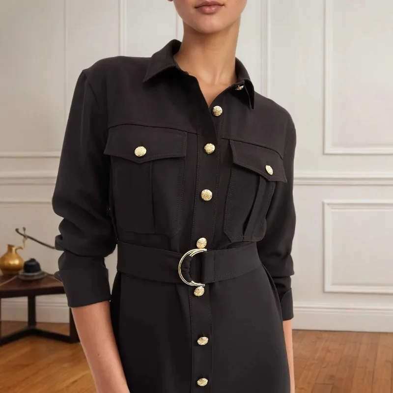 European American Fashionable Single-row Metal Buckle Exquisite Embellishment with Tooling Pocket Belt Slim Design Shirt Dress