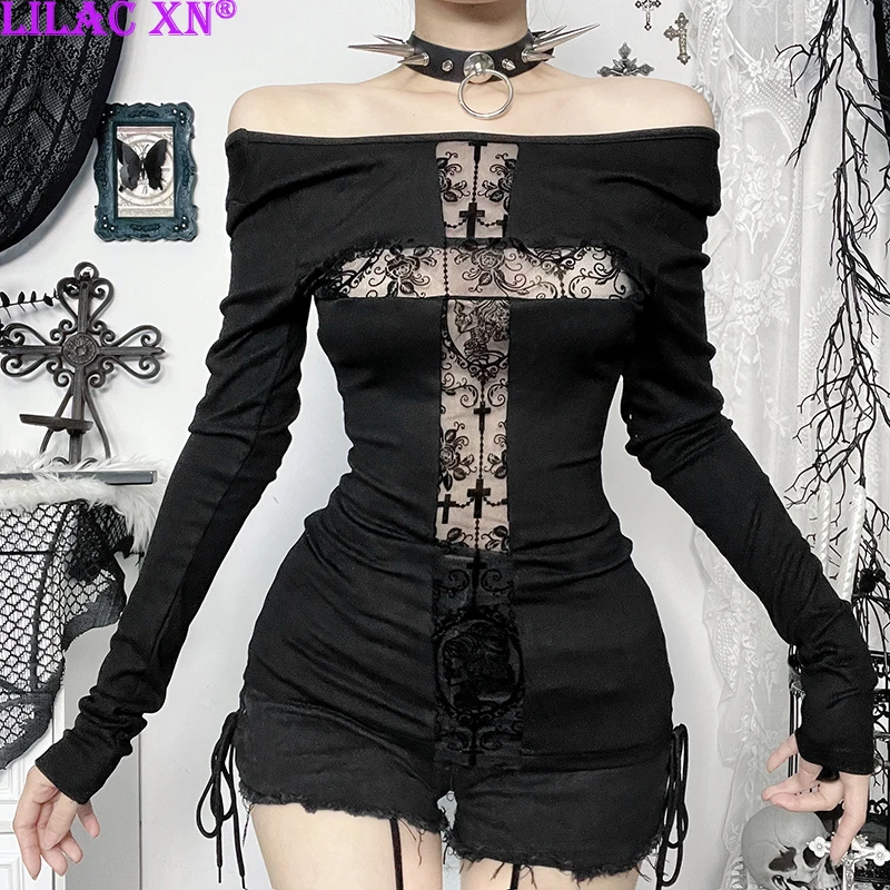 

Goth Sexy Black Lace Cross Flocking See Through Long Sleeve T-Shirts Y2K Vintage Off-Shoulder Tops Women Fashion Autumn Tees