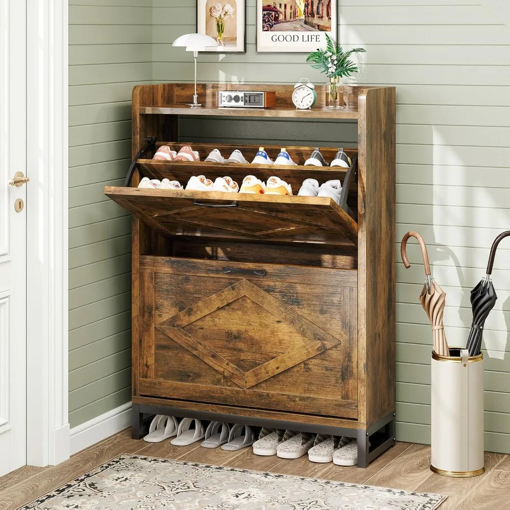 

Shoe Cabinet, Storage Cabinet with 2 Flip Drawers & Adjustable Shelf, Space-Saving Shoe Organizer – Holds 12+ Pairs