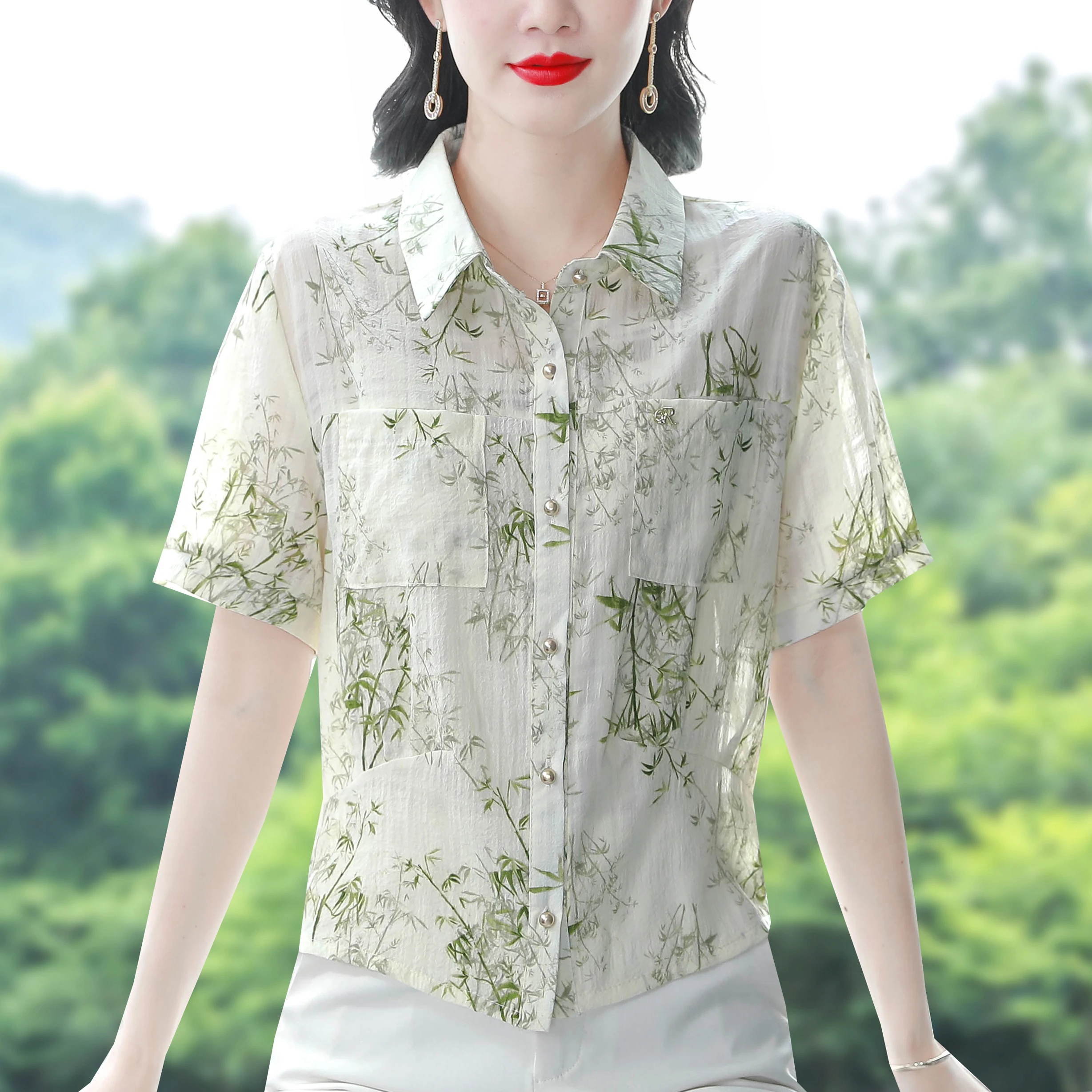 

Faionable Summer ort Sve Printed Chiffon irt Women's Loose Fit Silk Satin Fabric Collar Button up Casual irt