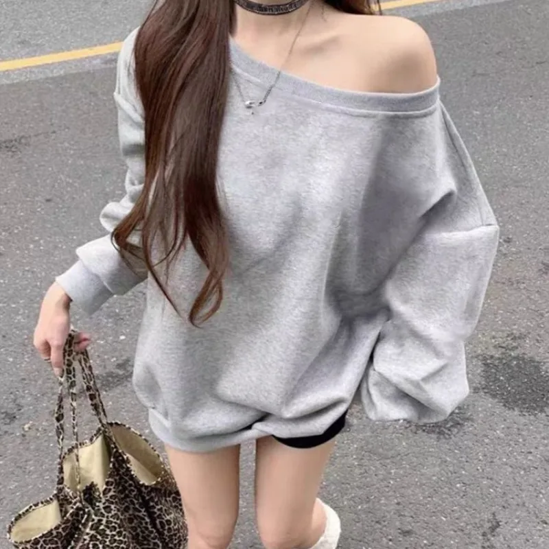 カジュアル オフショルダー スウェットシャツ レディース バイブス チャーム 春 秋 ルーズ スリミング レイジー ワンショルダー トップス デイリー フルスリーブ ラウンド