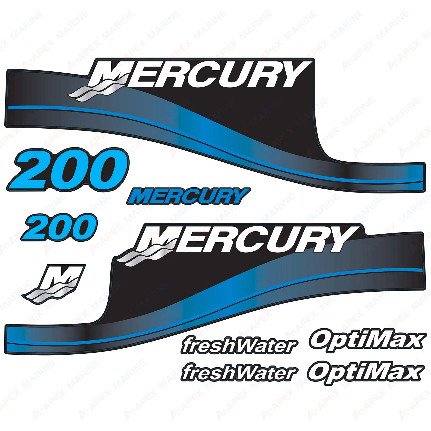 Decals for Mercury 200 HP OptiMax Fresh Water Outboard Engine Blue Decal Kit Sticker Set Reproduction 200 hp freshWater OptiMax