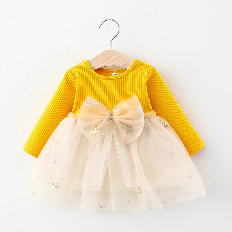 New Girls\' Dress Autumn and Winter Children\'s Long sleeved Big Bow Round Neck Knitted Spliced Sequin Mesh Fluffy Dress