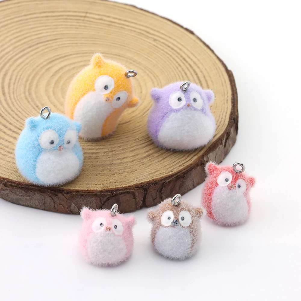 18pcs 3D Flocking Resin Owl Charms Cute Cartoon Animal Pendants for Necklace Earrings Keychain Making DIY Jewelry Accessories