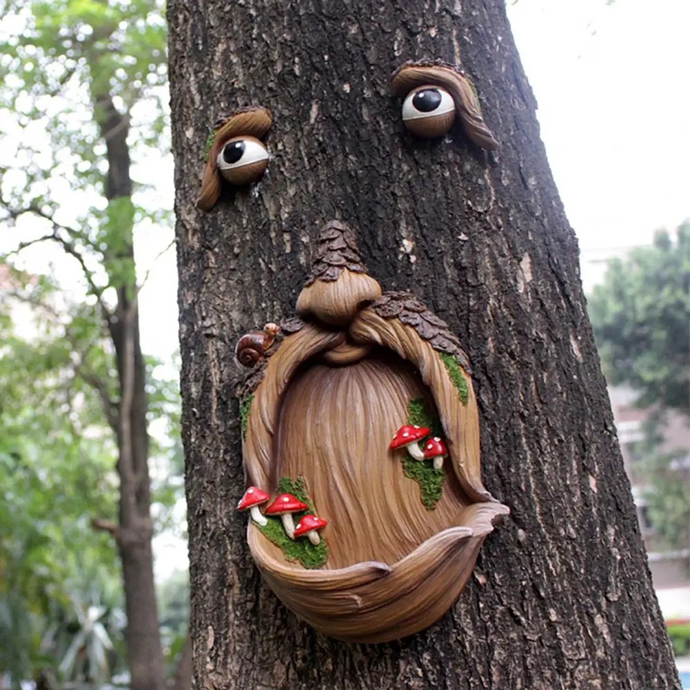 

Tree Face Decoration Rustic Resin Tree Sculpture Bird Feeder with Mushroom Decoration Outdoor Ornament for Garden