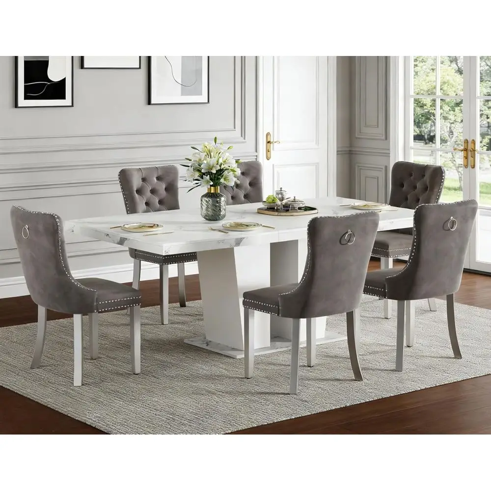 

Marble Top 7-Piece Dining Set or 6-Piece Expandable Dining Table with Grey Tufted Chairs or 6-Seat Large Kitchen Table with Whit