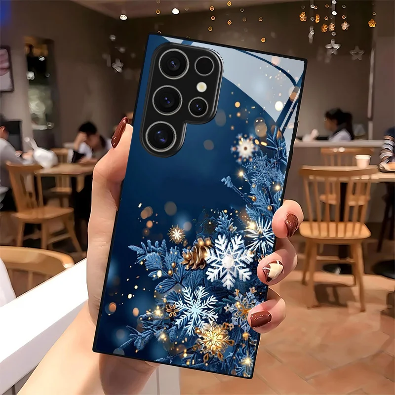 Blue gold snowflake pattern glass phone case suitable for Samsung Galaxy S26 S25 S24 S23 S22 S21 S20 FE/Ultra/Plus anti drop