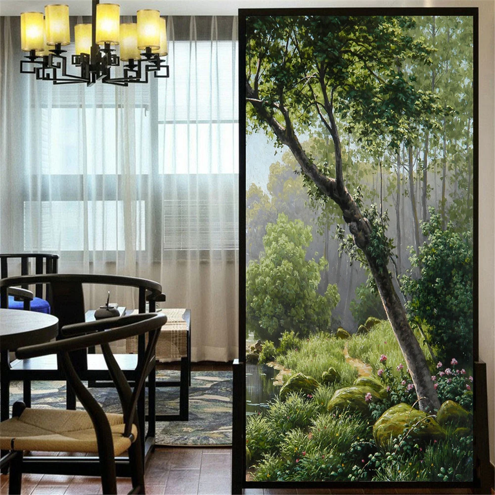 Privacy Windows Film Decorative Forest Creek Painting Stained Glass Window Stickers No Glue Static Cling Frosted Window Cling