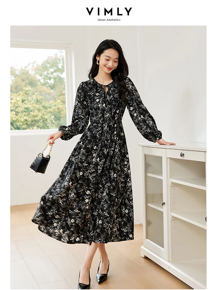 VIMLY Women\'s Elegant Long Sleeve Floral Print V-neck Casual Dress A-Line Knee-Length Elastic Waist Spring Autumn A-Line Dress