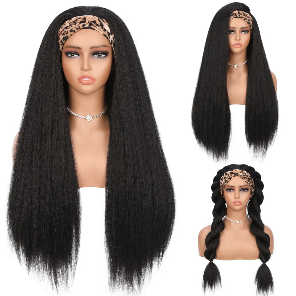 

Kinky Straight Headband Wigs synthetic hair 30 Inch Glueless Wig With Adjustable Band Hair Wigs For Women Black Brown Wig Daily