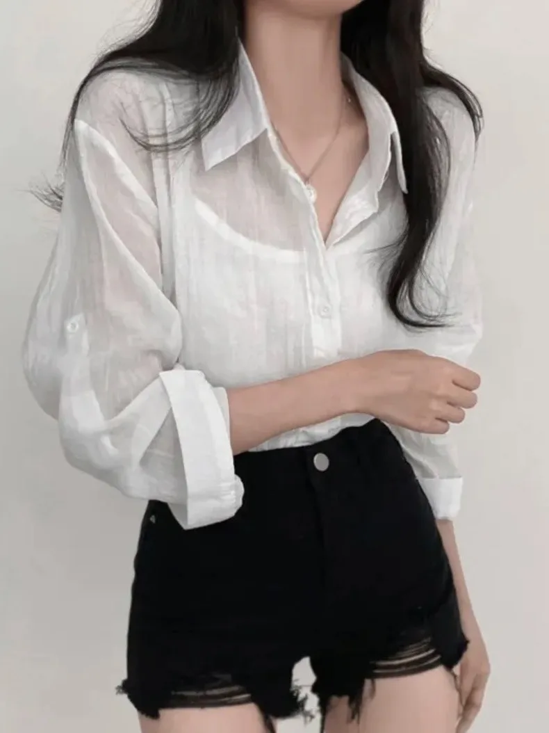 

Retro Sweetened Single-Button Long-Sve irt Summer Loose ort Sle Sun Protection Pleated Feel Turn-down Collar Commute