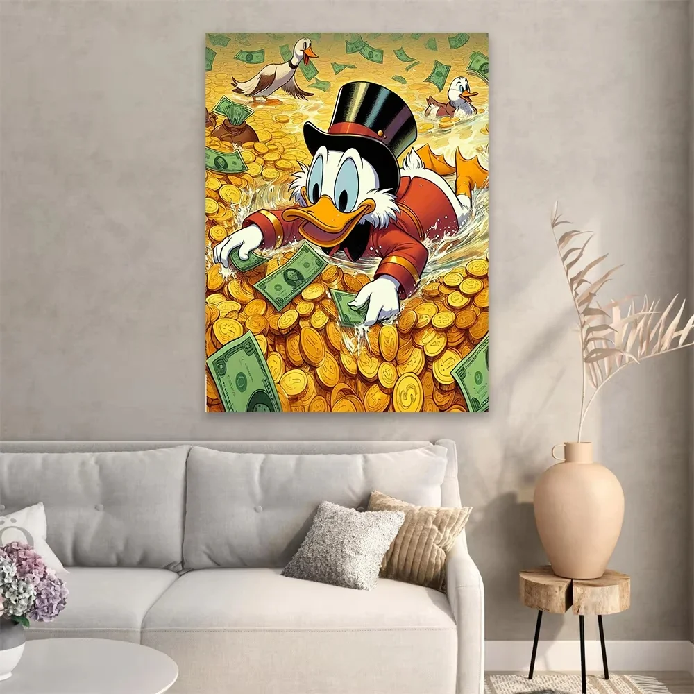 فن البوب قماش اللوحة الكتابة على الجدران دونالد داك الحب المال يطبع ديزني بيتكوين ريتش داك غرفة نوم غرفة المعيشة الديكور ملصق