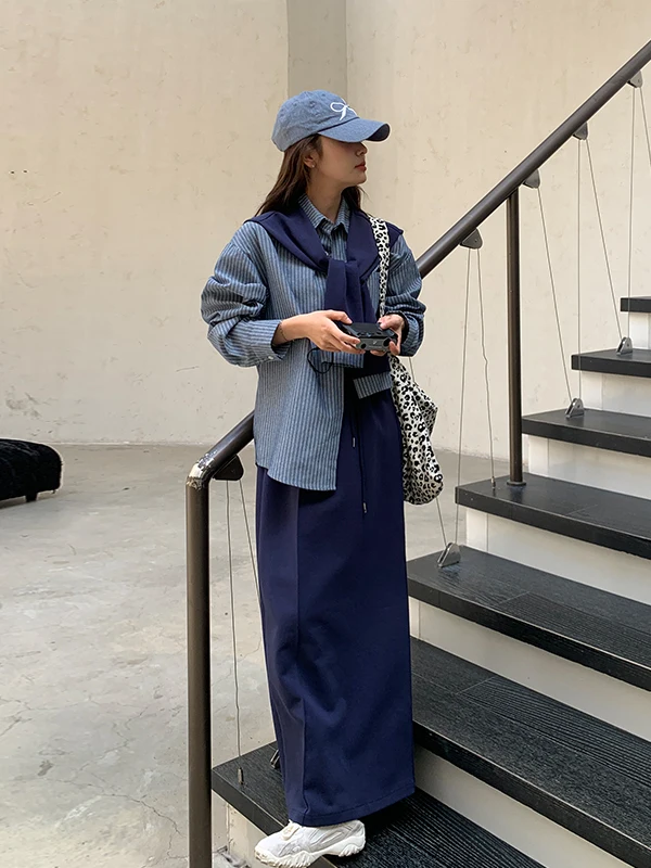 

Women's Casual Stripe irt Skirt Set High Waist Long Sve Tee Pieces Faionable Spring Autumn Wear Comfortable Fit