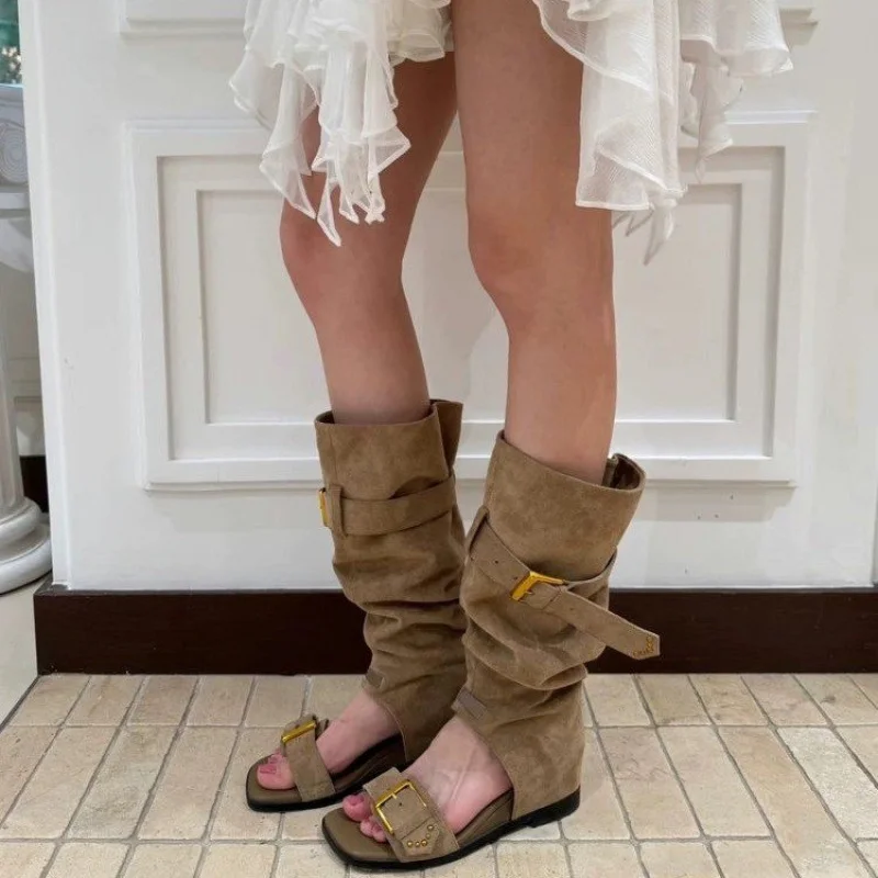 

Retro Style Square Toe Knee-High Belt Buckle Summer Women Sandals Boots Stiletto High Heels Buckle Strap Design Large Size Shoes