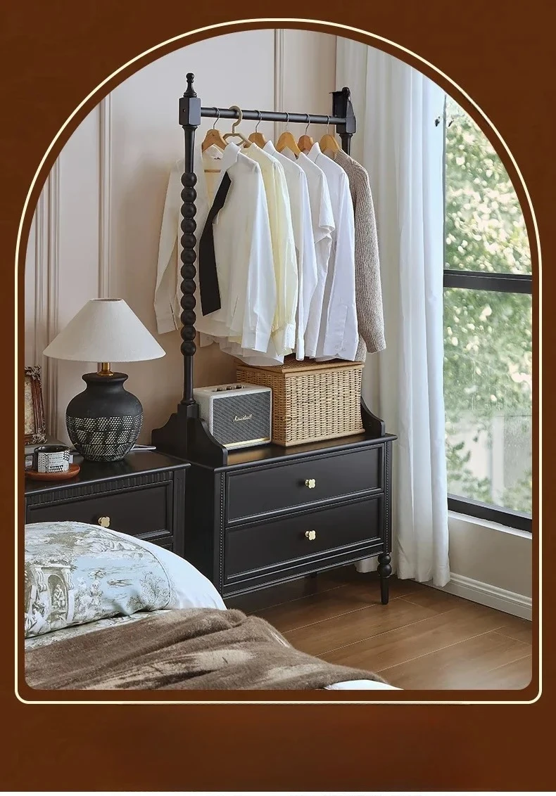 

yj9 French solid wood floor coat rack bedside table integrated black open wardrobe retro hanger