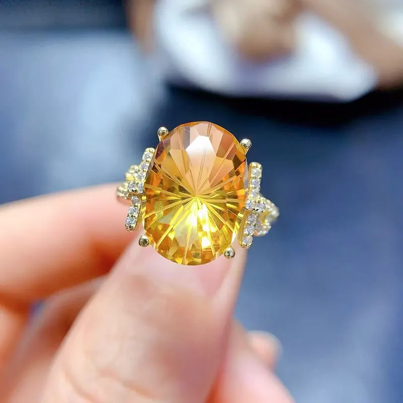 

Brilliant Natural Citrine 925 Silver Ring for Party 10mm*14mm 6ct Genuine Citrine Ring with Thick 18K Gold Plating