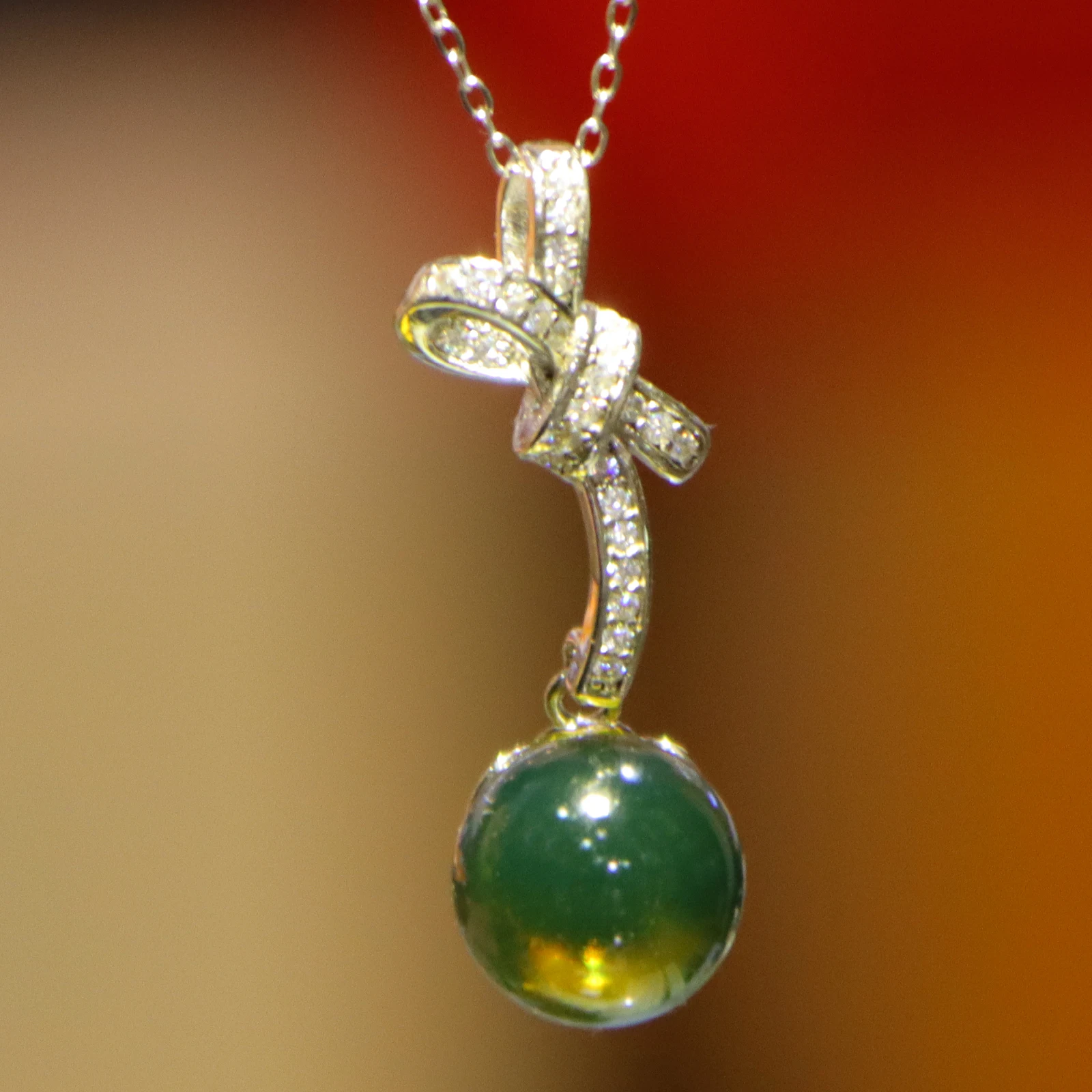 Natural Mexican Blue Amber Pendant 10mm Round Pure Silver Diamond Bow Charm Necklace For Women Sweet Luxury Jewelry Gift