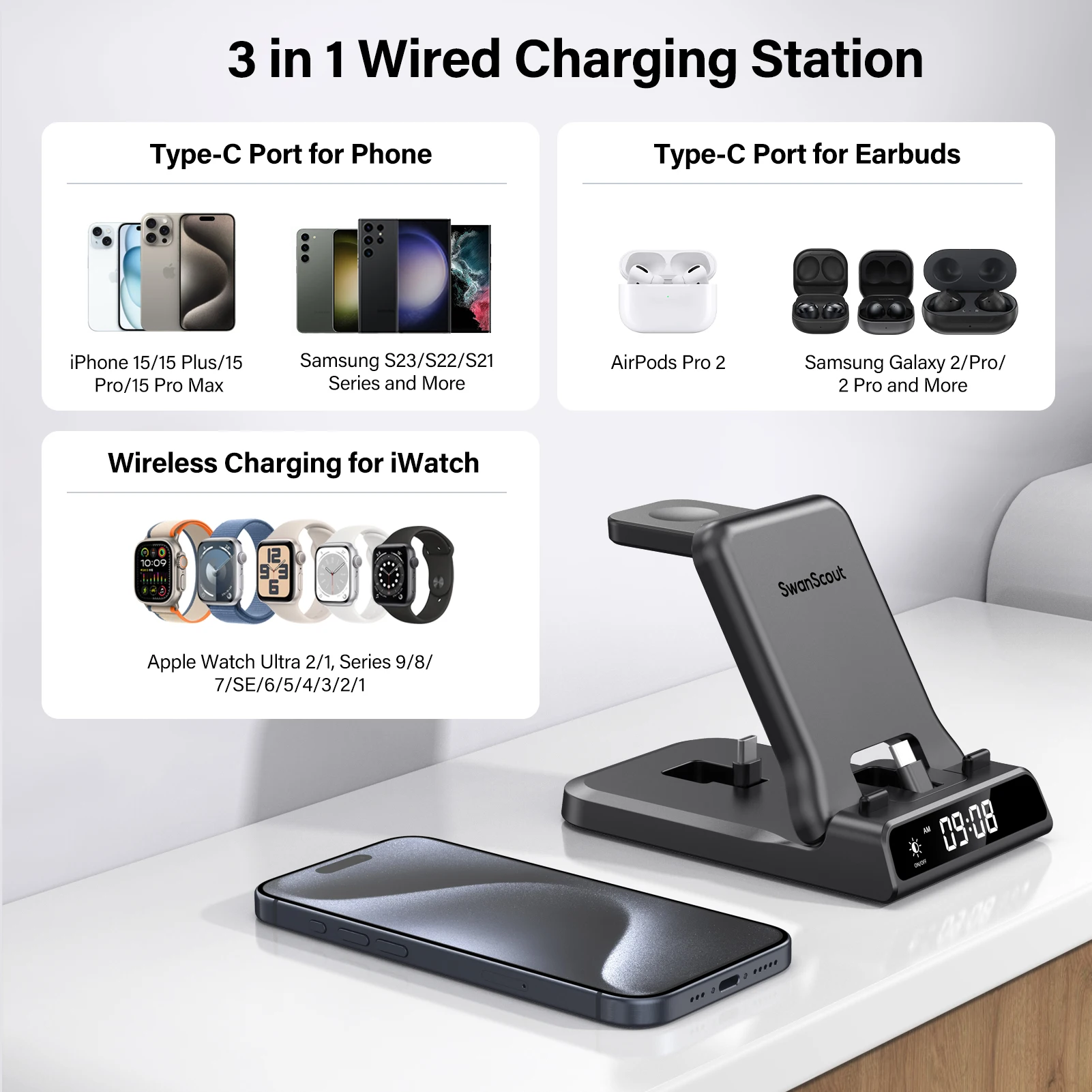 SwanScout 701AC Wireless Charger for iPhone 16 15 Series Charging Station Dock for Apple Watch Series 9 8 7 6 for AirPods 4 Pro2