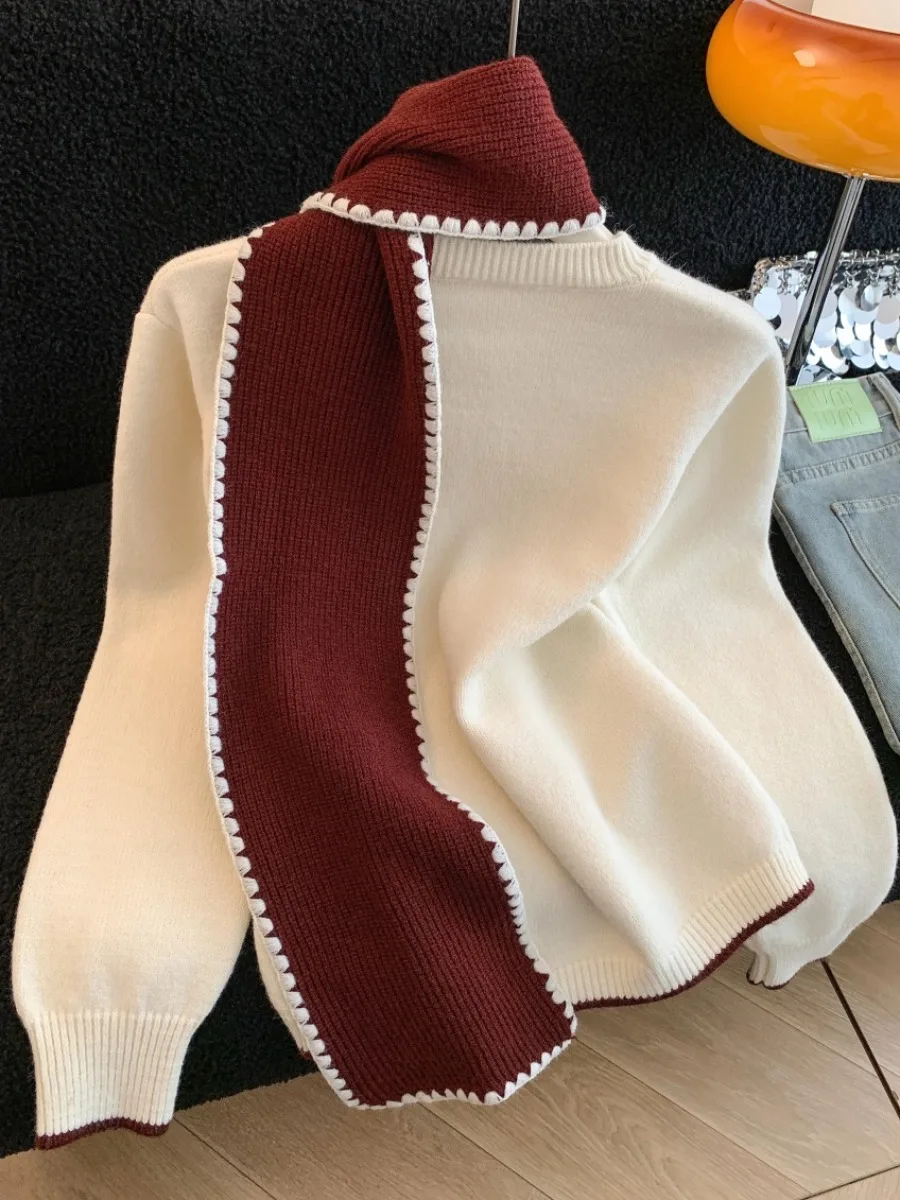 ชุดเสื้อถักไหมพรมทรงหลวมพร้อมผ้าพันคอสำหรับผู้หญิง สไตล์เกาหลี รุ่นใหม่ล่าสุดสำหรับฤดูหนาว แขนยาว