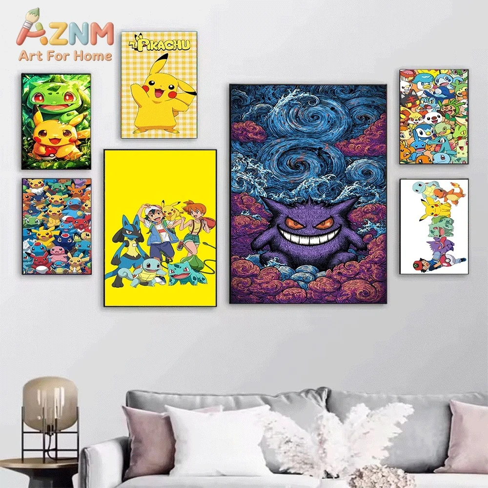 AZNM Diverse Pokemon Characters Game Console Themed Anime Canvas Wall Print, Game Art Poster, Unframed Canvas Painting for Kid