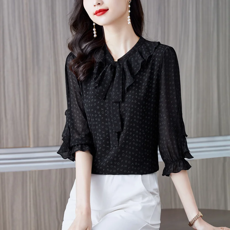 #2516 Summer Black Chiffon Blouse Women Bow V-neck Ruffles Half Sleeve Full Letters Blouse Femme Loose Womens Tops And Blouses