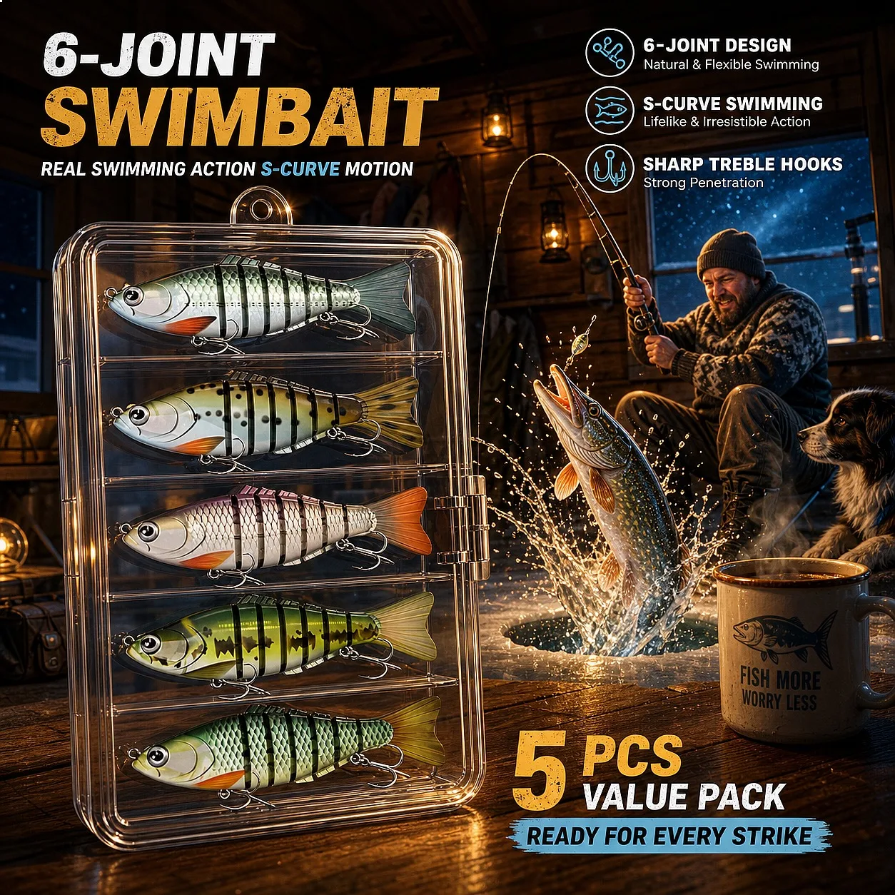 Multi Jointed Swimbaits 5 Pcs Full Sinking Castable Artificial Bait Sharp Triangle Hooks Storage Box Lure for Bass Trout
