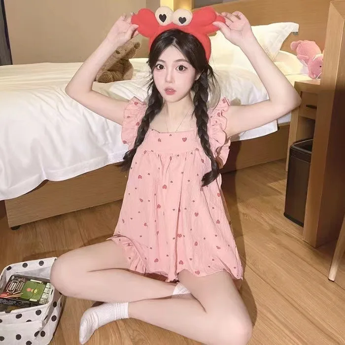 Women Summer Sleeveless Sweet Lace Trim Camisole Pajama Set Student Homewear