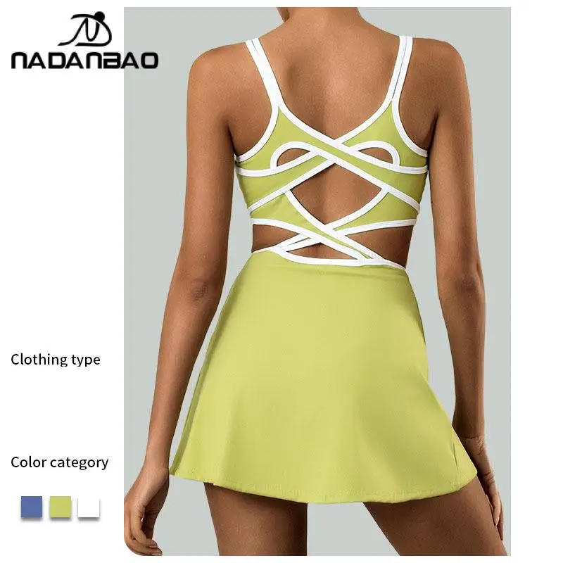 Nadanbao Outdoor Sports Women's Tennis Dress Fashion Casual Fitness Yoga Dress Female Backless Intersect Hollow Out Gym Clothes