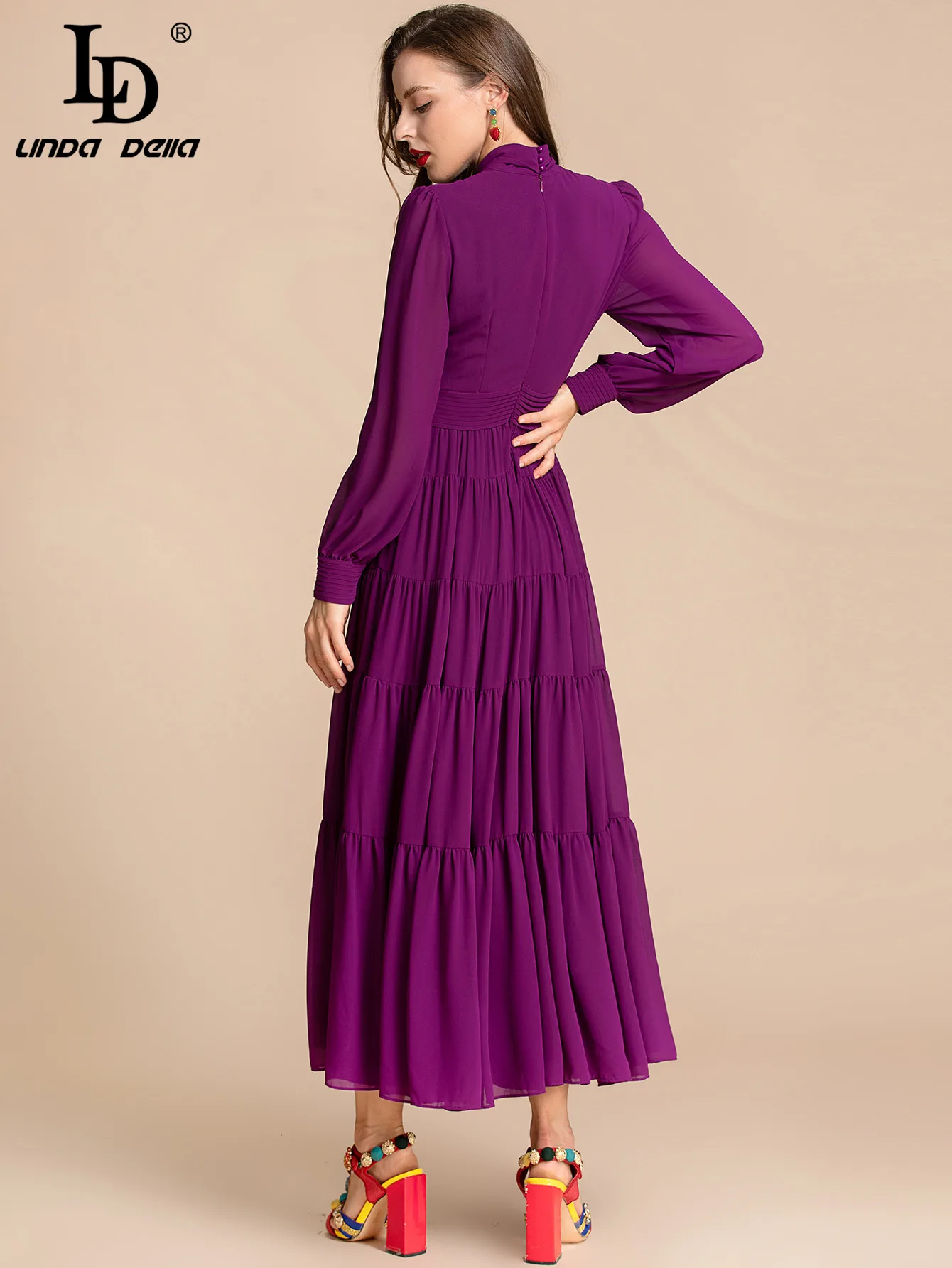 LD LINDA DELLA Fashion Runway Autumn Maxi Dress Women Bow tie Long sleeve Purple Elegant Long Party Dress Vestidos