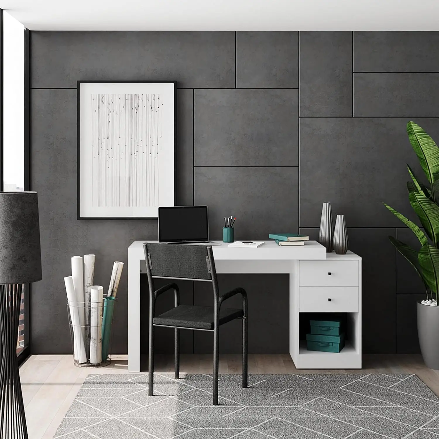 Techni Mobili Expandable Desk With Storage Drawers & Open Shelf - Expands From 47 Inch To 57 Inch - White Computer Desk With