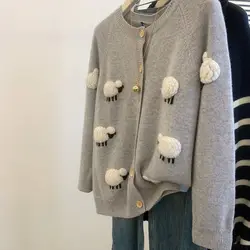 Women Simple Cute 3D Cartoon Lamb Gray Single Breasted Knitted Cardigan Female Casual O Neck Long Sleeve Loose Chic Sweater Coat