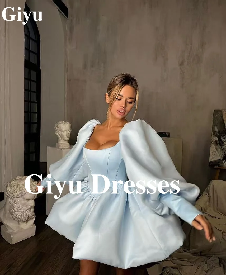 Giyu-Mini robe de soirée en satin avec fermeture éclair pour femme, manches longues, bouffantes, plissée, personnalisée, européenne et américaine